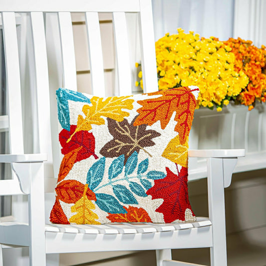 Plow & Hearth Indoor/Outdoor Fall Leaves Hooked Polypropylene Throw Pillow 18"x18"