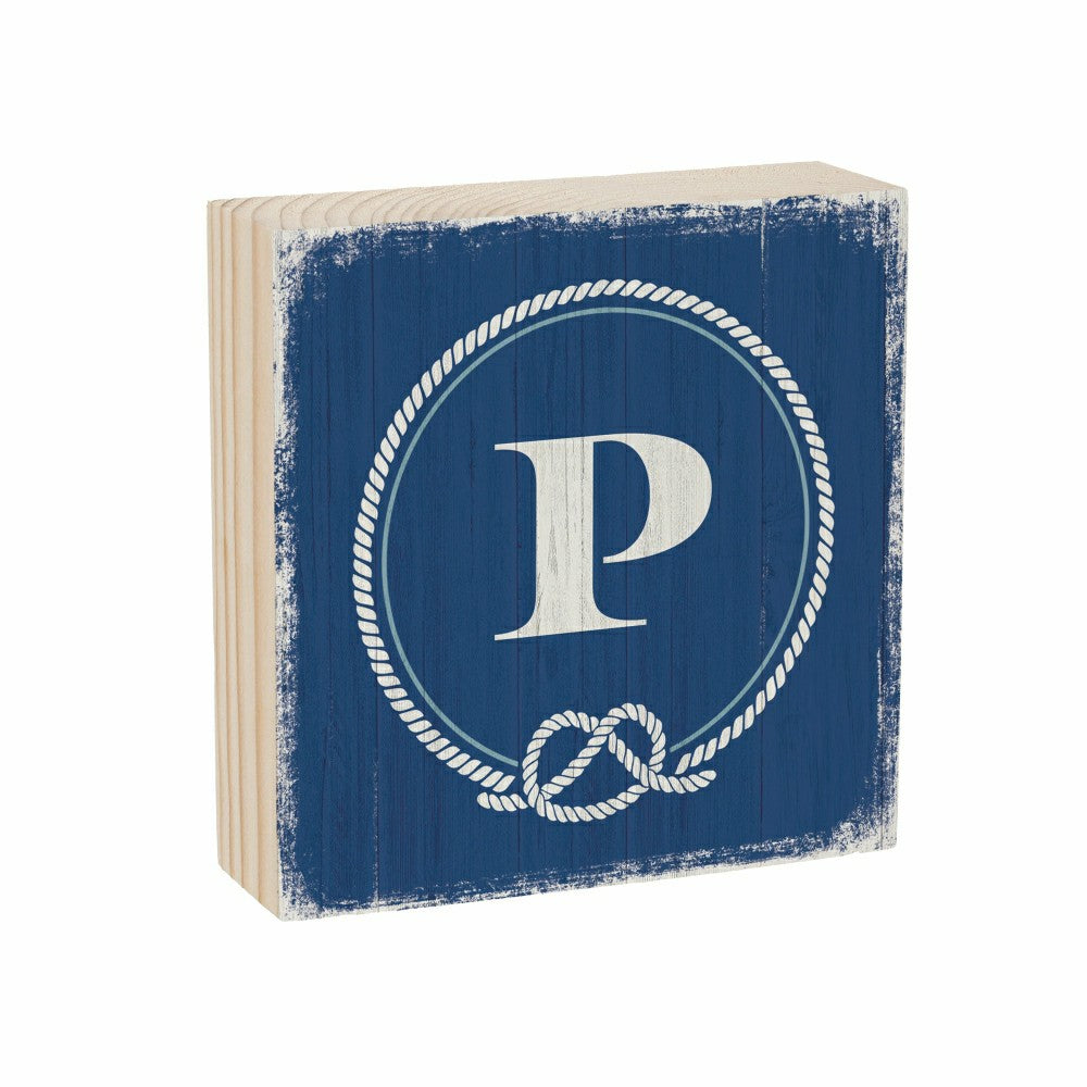 Plow & Hearth Coastal Monogram Nautical Sign Wood Block "P", 6"x6"