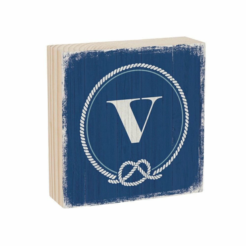 Plow & Hearth Coastal Monogram Nautical Sign Wood Block "V", 6"x6"