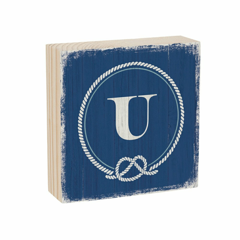 Plow & Hearth Coastal Monogram Nautical Sign Wood Block "U", 6"x6"