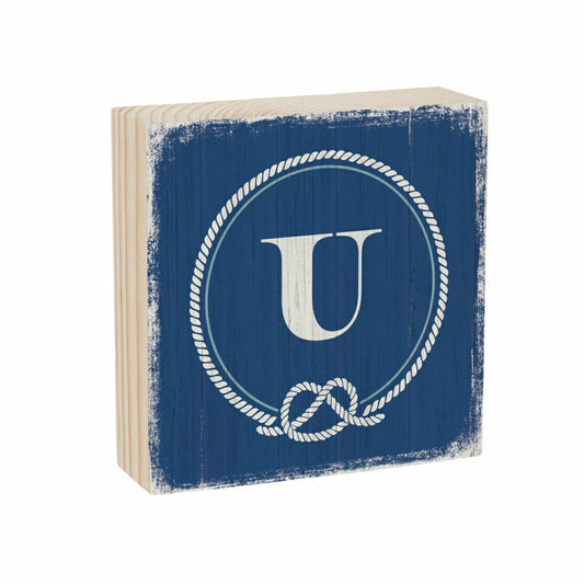 Plow & Hearth Coastal Monogram Nautical Sign Wood Block "U", 6"x6"