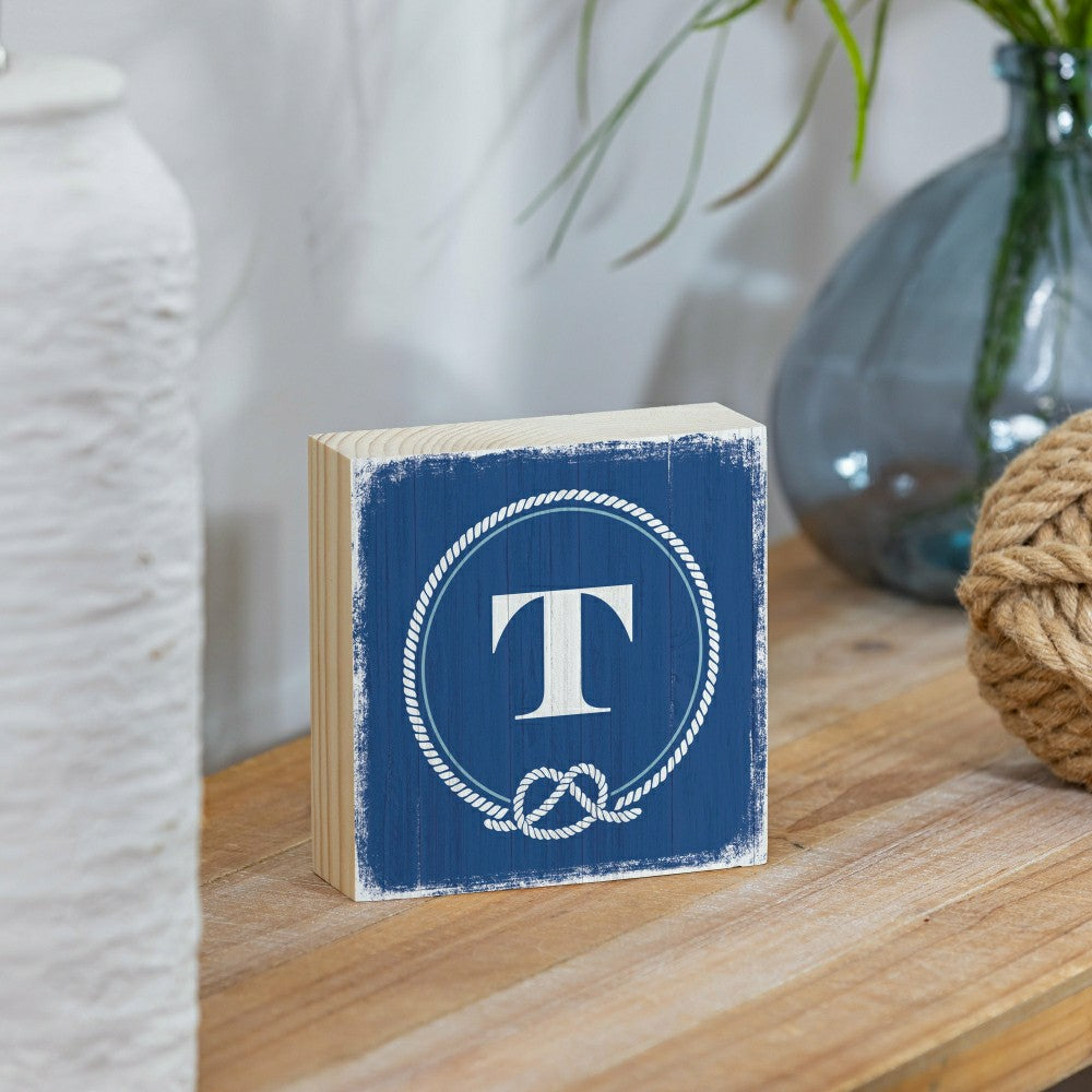 Plow & Hearth Coastal Monogram Nautical Sign Wood Block "T", 6"x6"