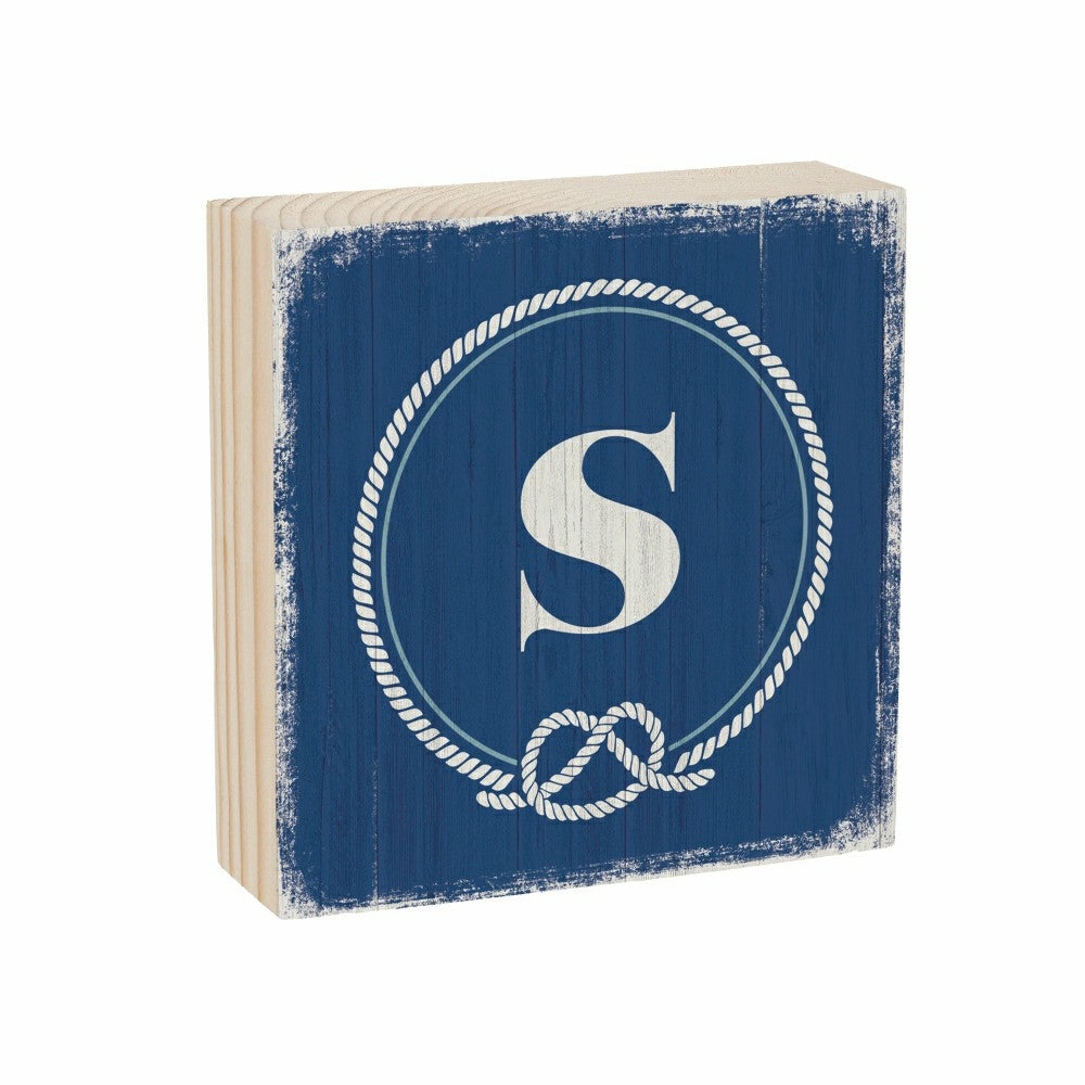 Plow & Hearth Coastal Monogram Nautical Sign Wood Block "S", 6"x6"