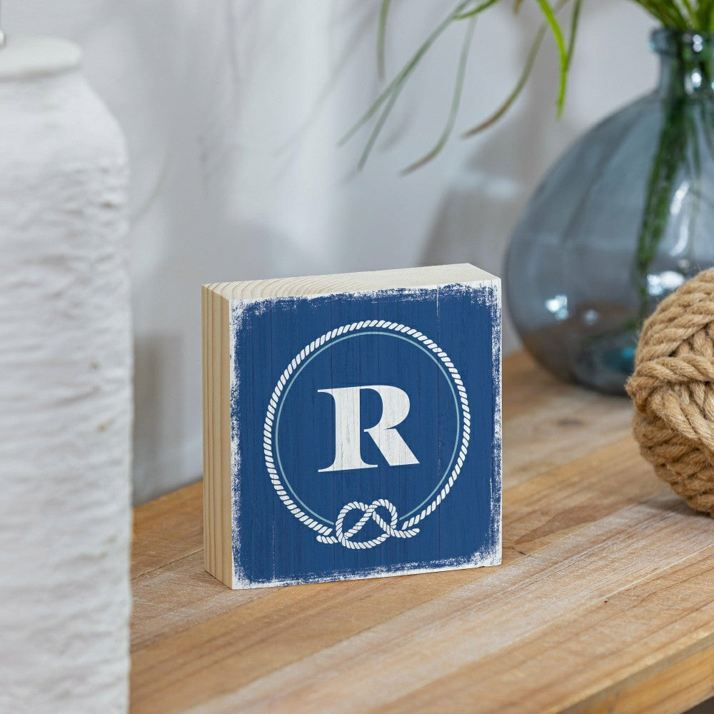 Plow & Hearth Coastal Monogram Nautical Sign Wood Block "R", 6"x6"