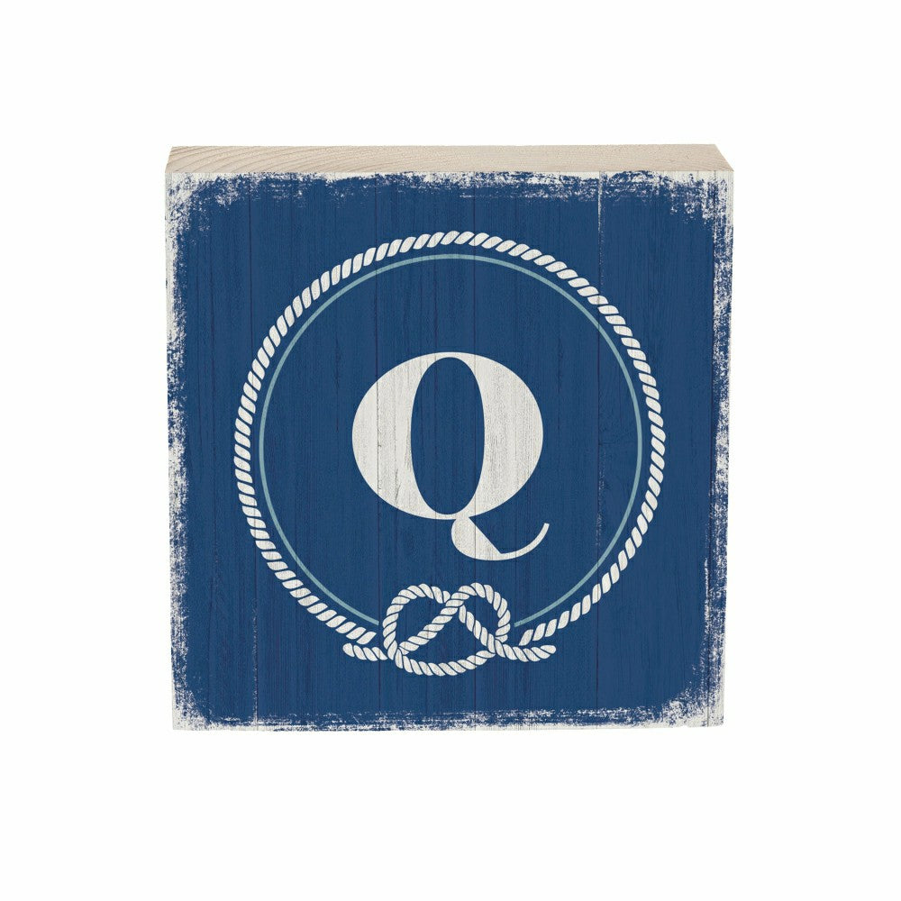 Plow & Hearth Coastal Monogram Nautical Sign Wood Block "Q", 6"x6"