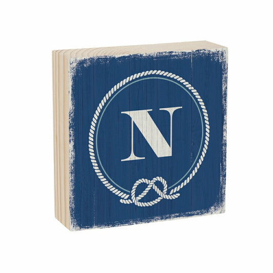 Plow & Hearth Coastal Monogram Nautical Sign Wood Block "N", 6"x6"