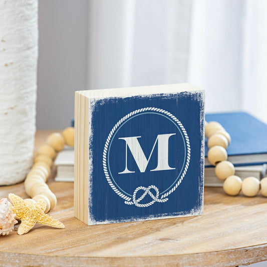 Plow & Hearth Coastal Monogram Nautical Sign Wood Block "M", 6"x6"