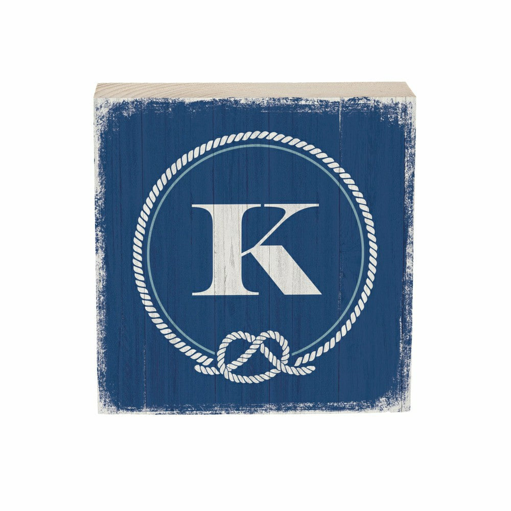 Plow & Hearth Coastal Monogram Nautical Sign Wood Block "K", 6"x6"