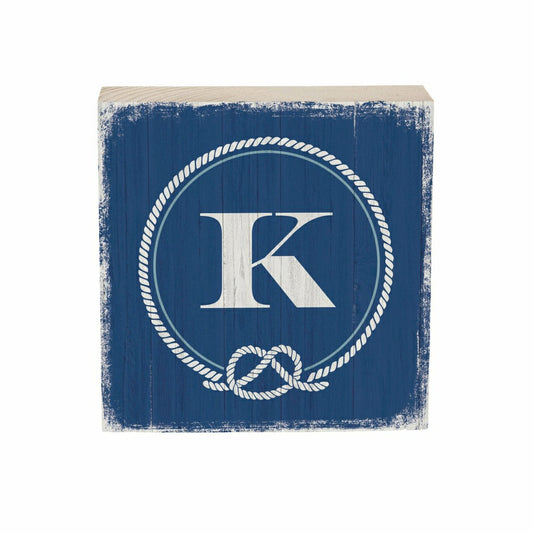 Plow & Hearth Coastal Monogram Nautical Sign Wood Block "K", 6"x6"