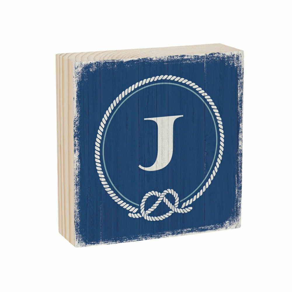 Plow & Hearth Coastal Monogram Nautical Sign Wood Block "J", 6"x6"