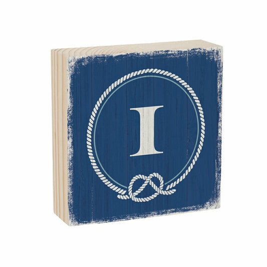 Plow & Hearth Coastal Monogram Nautical Sign Wood Block "I", 6"x6"