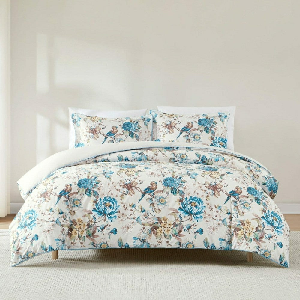 Plow & Hearth Bird And Hydrangea Reversible Cotton Duvet Cover Set
