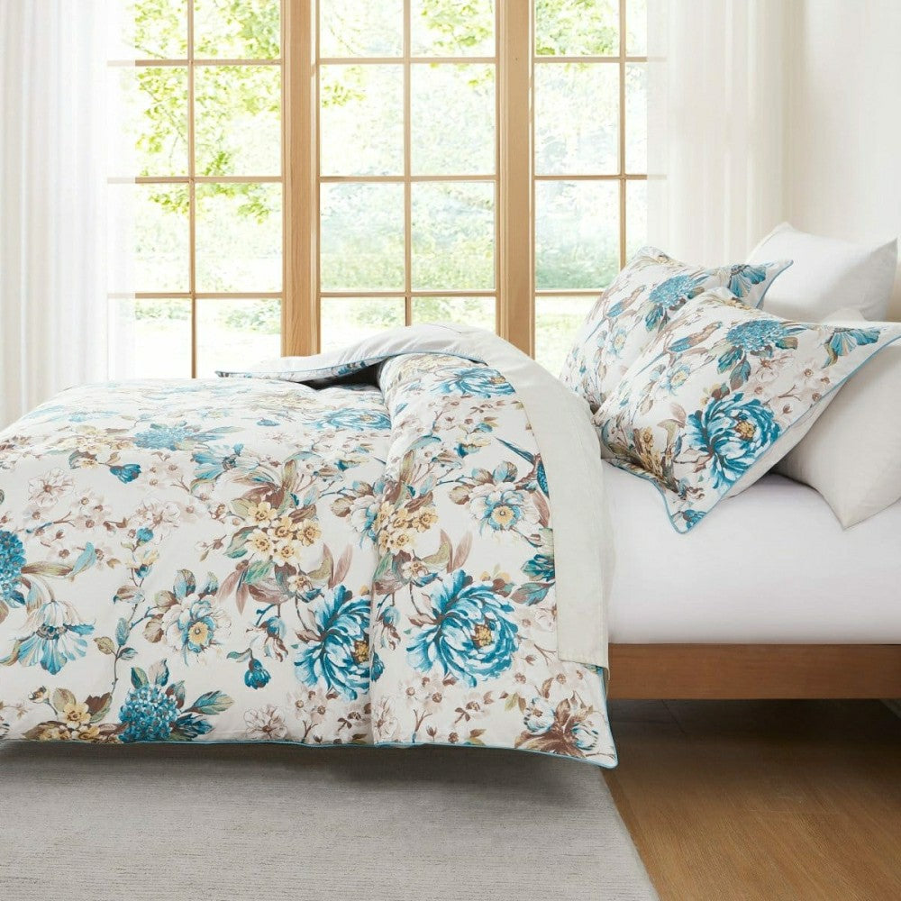 Plow & Hearth Bird And Hydrangea Reversible Cotton Duvet Cover Set