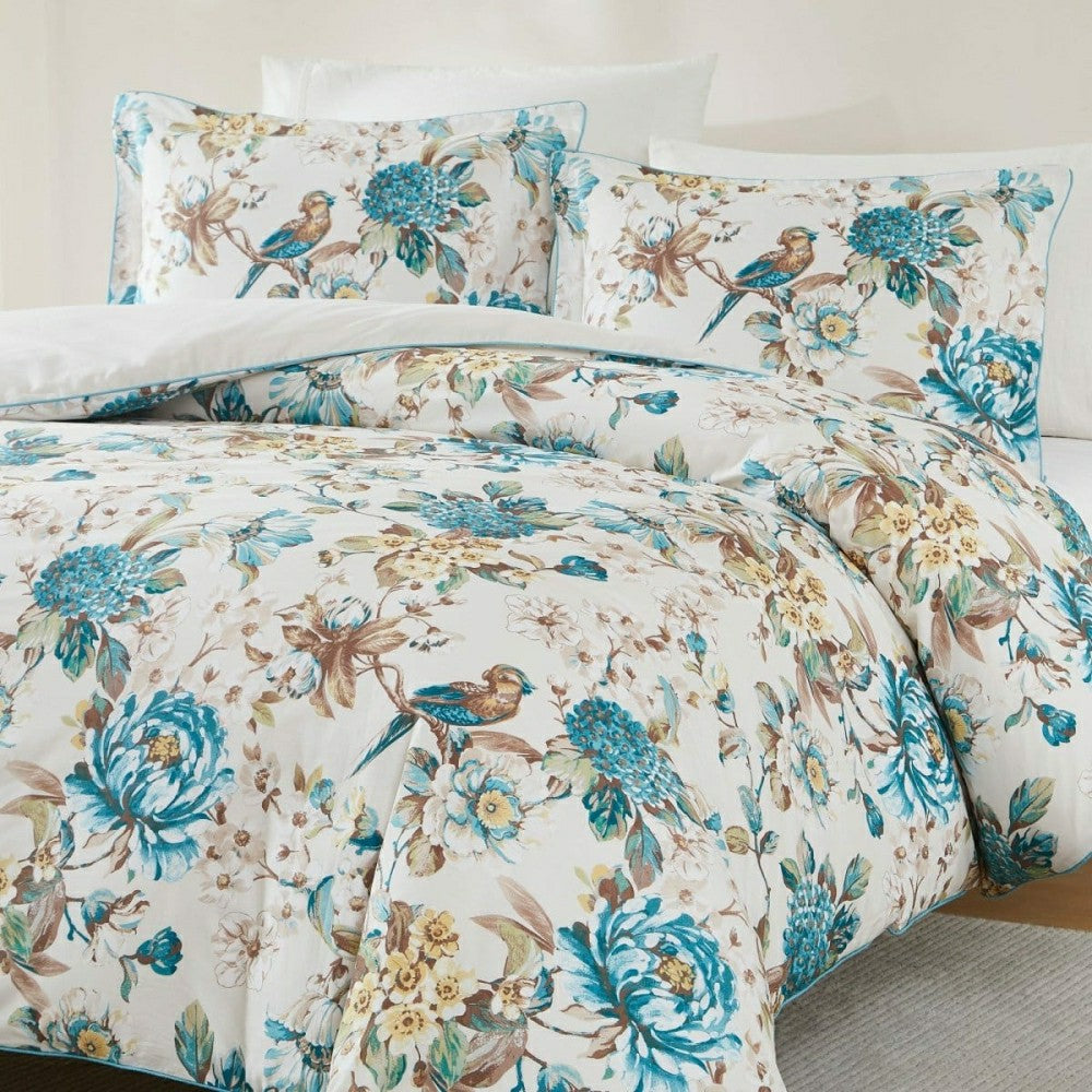 Plow & Hearth Bird And Hydrangea Reversible Cotton Duvet Cover Set