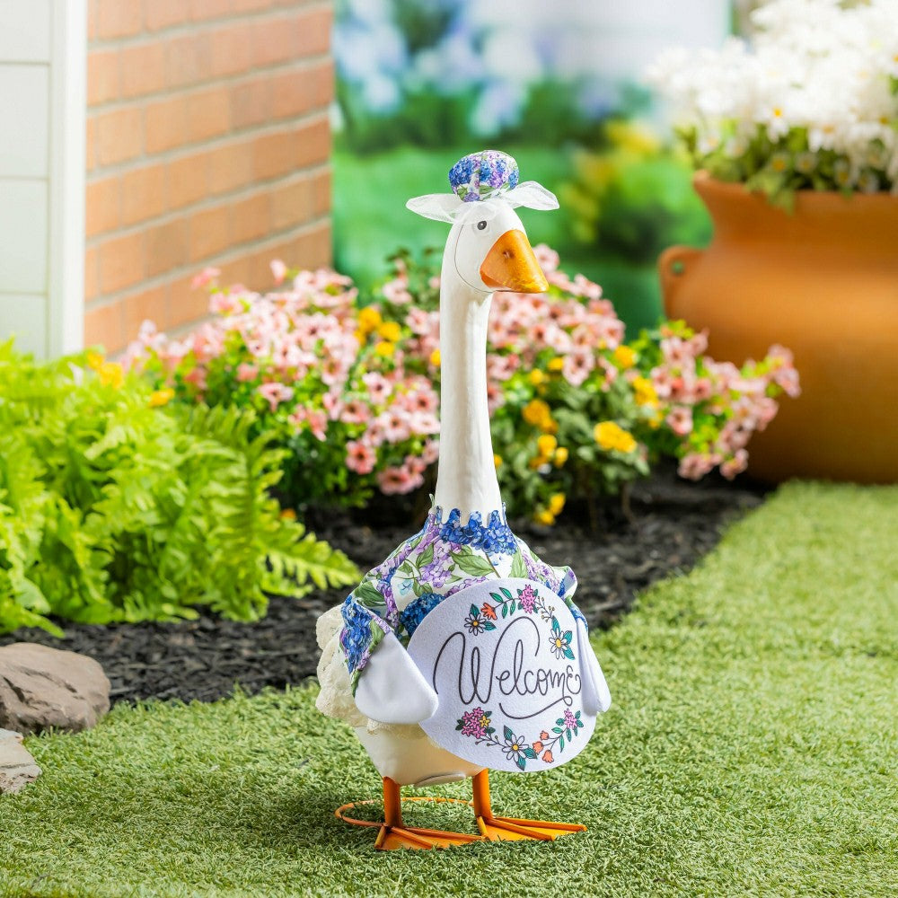 Plow & Hearth Giddy The Goose, Metal Porch Statue With Hydrangeas Outfit, 21"H