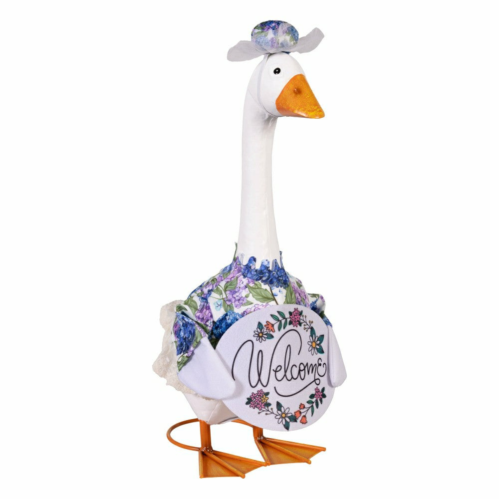Plow & Hearth Giddy The Goose, Metal Porch Statue With Hydrangeas Outfit, 21"H
