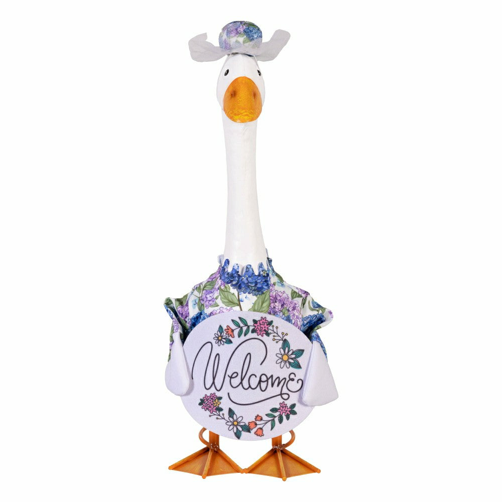 Plow & Hearth Giddy The Goose, Metal Porch Statue With Hydrangeas Outfit, 21"H