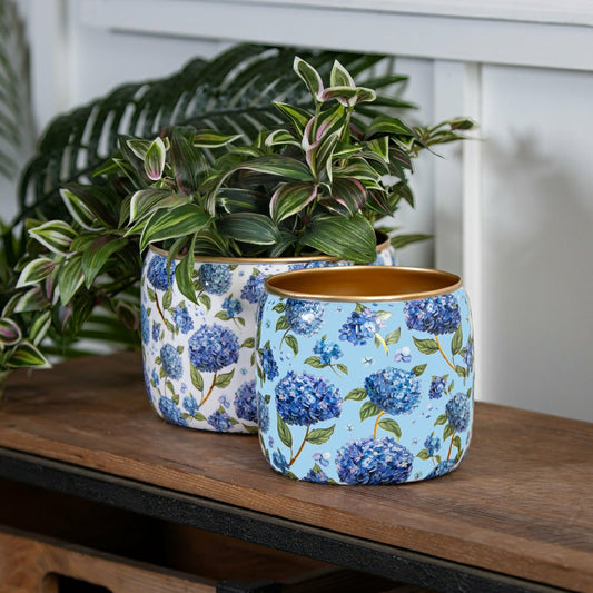 Plow & Hearth VivaStyle Planter, Metal Printed Planters, Hydrangea, Set of 2