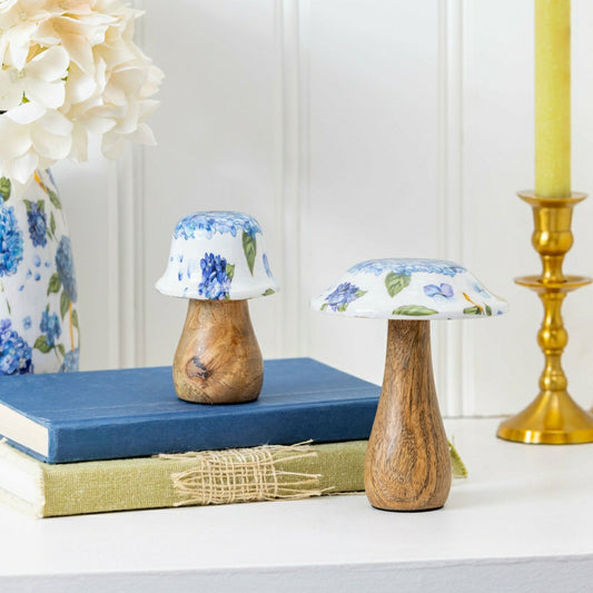 Plow & Hearth VivaStyle Table Decor, Wood Decor, Hydrangea Mushroom, Set of 2