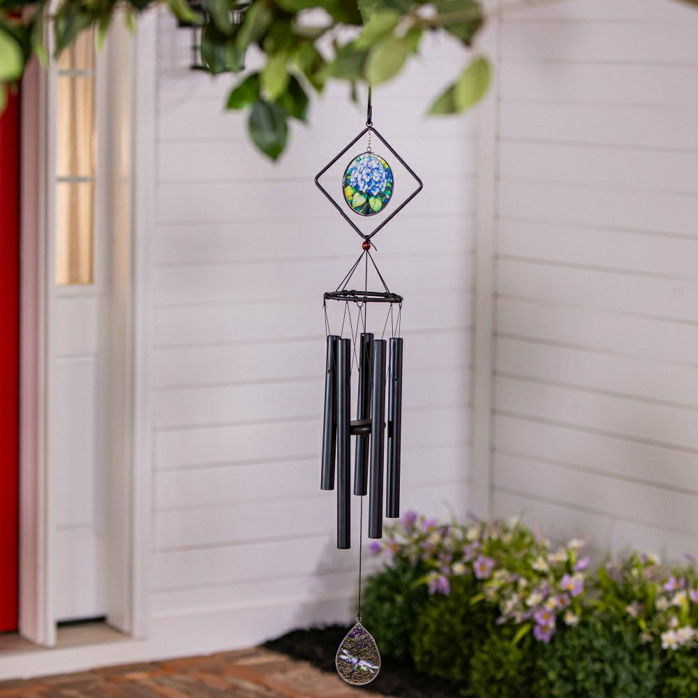 Plow & Hearth Avria Stained Glass Hand-Tuned Wind Chime, Hydrangeas, 36"