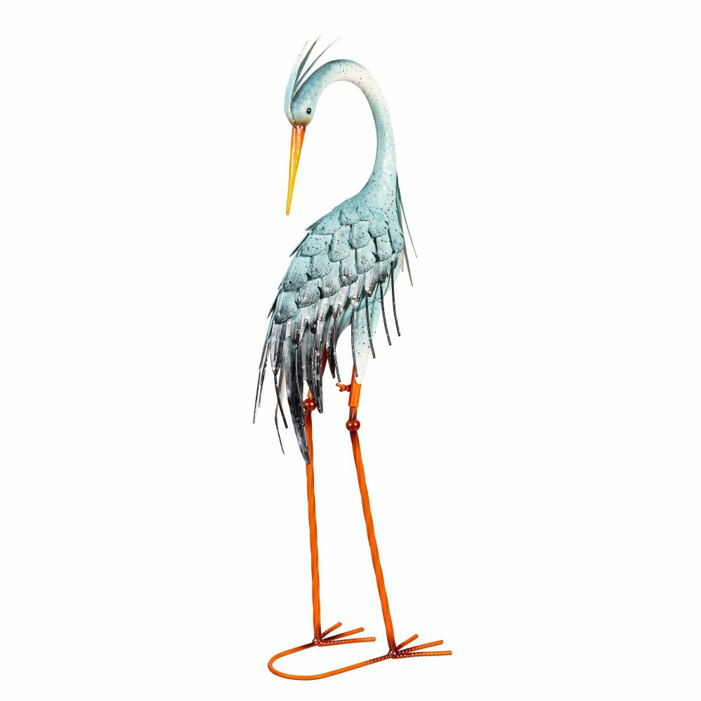 Plow & Hearth Blue Coastal Garden Statue Metal Observing Heron Statue, 34"H