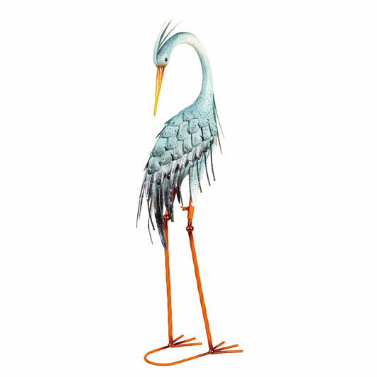 Plow & Hearth Blue Coastal Garden Statue Metal Observing Heron Statue, 34"H