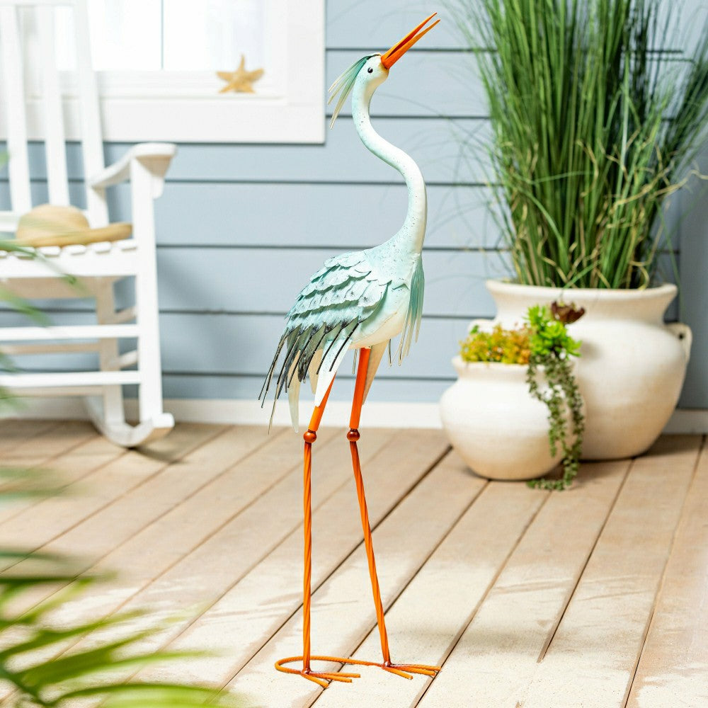 Plow & Hearth Blue Coastal Garden Statue, Metal Looking Heron Statue, 35"H
