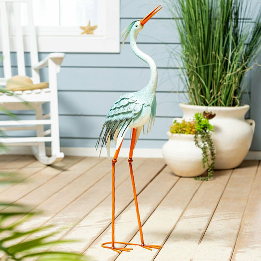 Plow & Hearth Blue Coastal Garden Statue, Metal Looking Heron Statue, 35"H