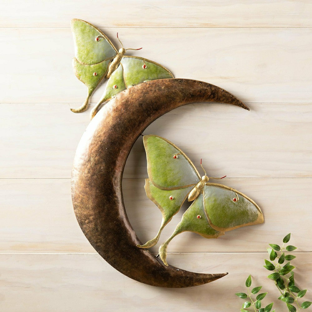 Plow & Hearth Garden of Wonder Indoor Wall Décor, Metal, Luna Moths & Crescent Moon