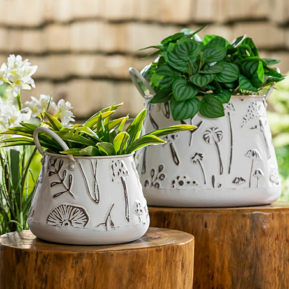 Plow & Hearth Garden of Wonder Planter, Metal Planters with Handles, Embossed Mushro