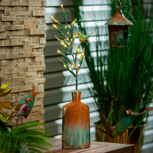 Plow & Hearth Lighted Metal Vase with Bird Garden Statue