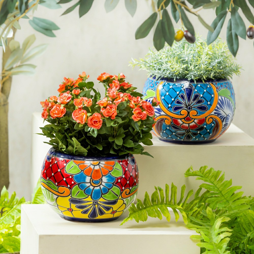 Plow & Hearth Set of 2 Mexican Talavera Baul Planters