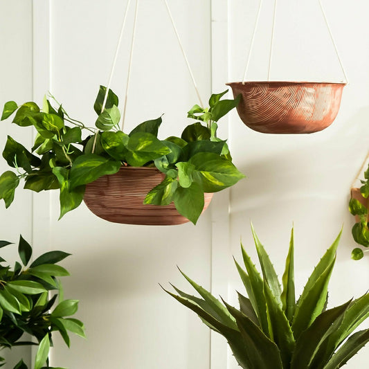 Plow & Hearth Indoor/Outdoor Metal Hanging Planters with Terra Cotta Finish, Set of