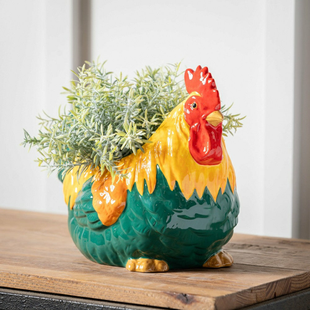 Plow & Hearth Petal & Plow Planter, Ceramic, Colorful Rooster