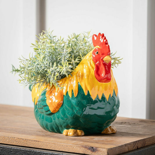 Plow & Hearth Petal & Plow Planter, Ceramic, Colorful Rooster