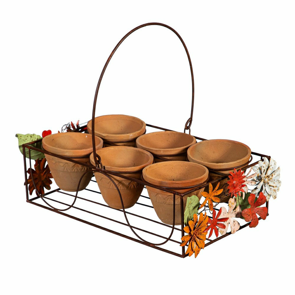 Plow & Hearth What She Shed Planters, Metal Stand with Terracotta Planters, Floral D