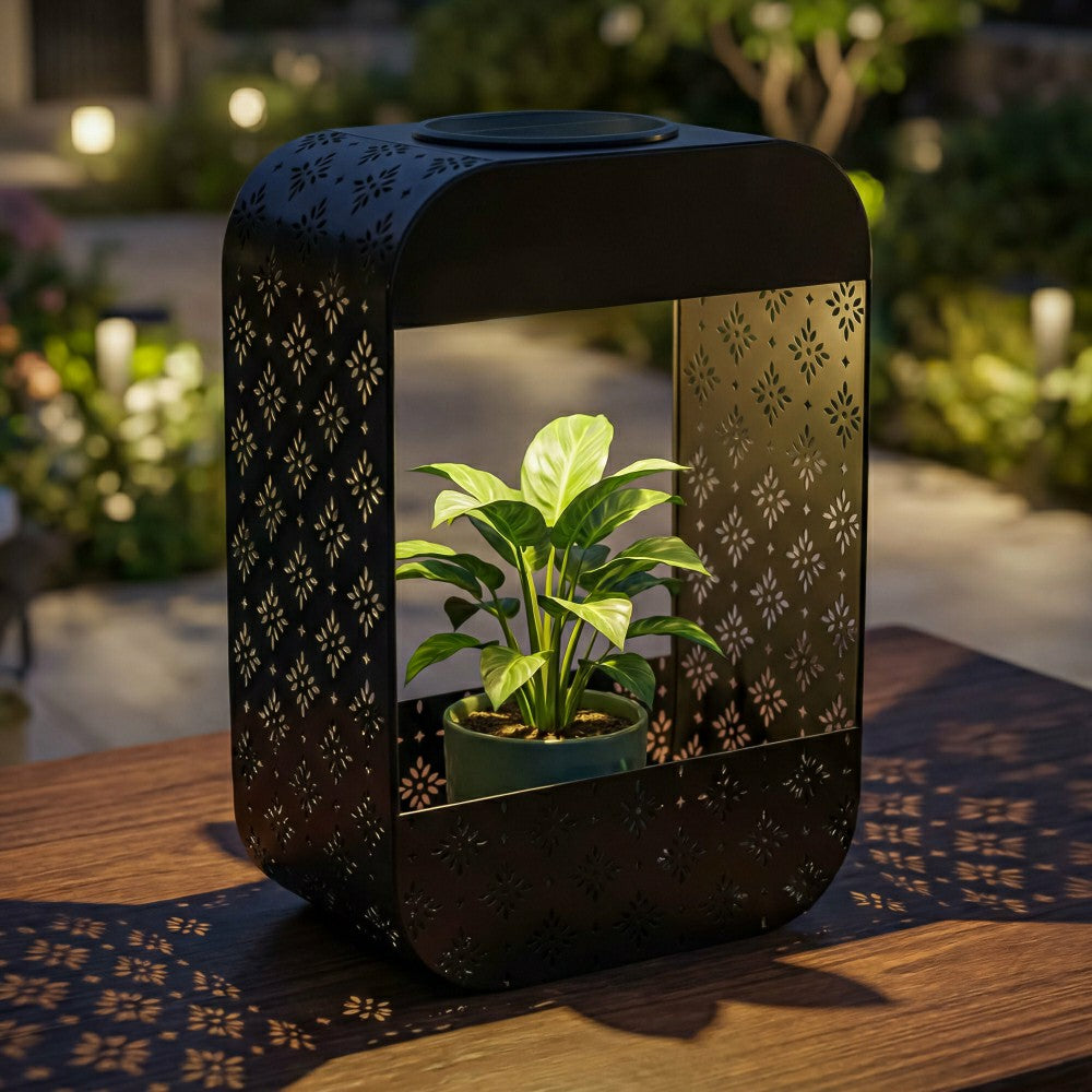 Plow & Hearth Solar Floral Planter, Black