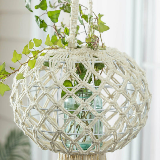 Plow & Hearth Macrame Large Hanging Globe Plant Cover, Natural