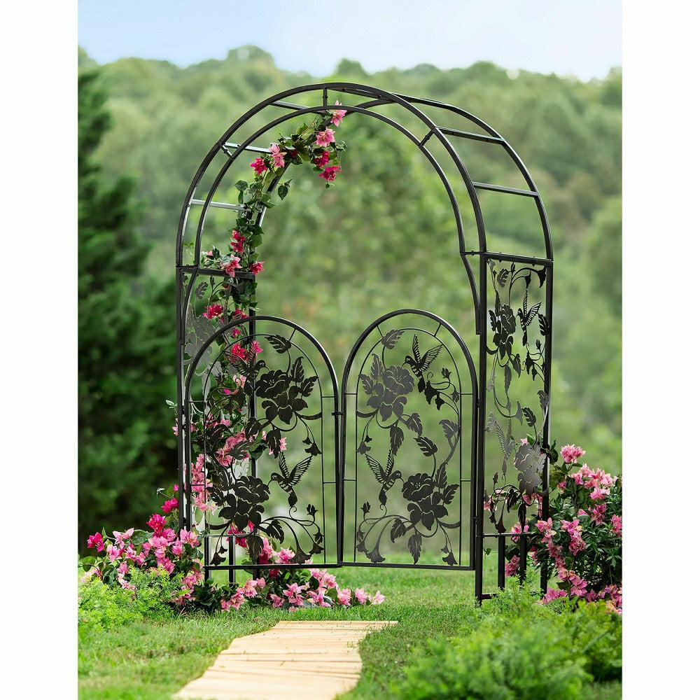 Plow & Hearth Metal Arched Hummingbird Garden Arbor with Gate