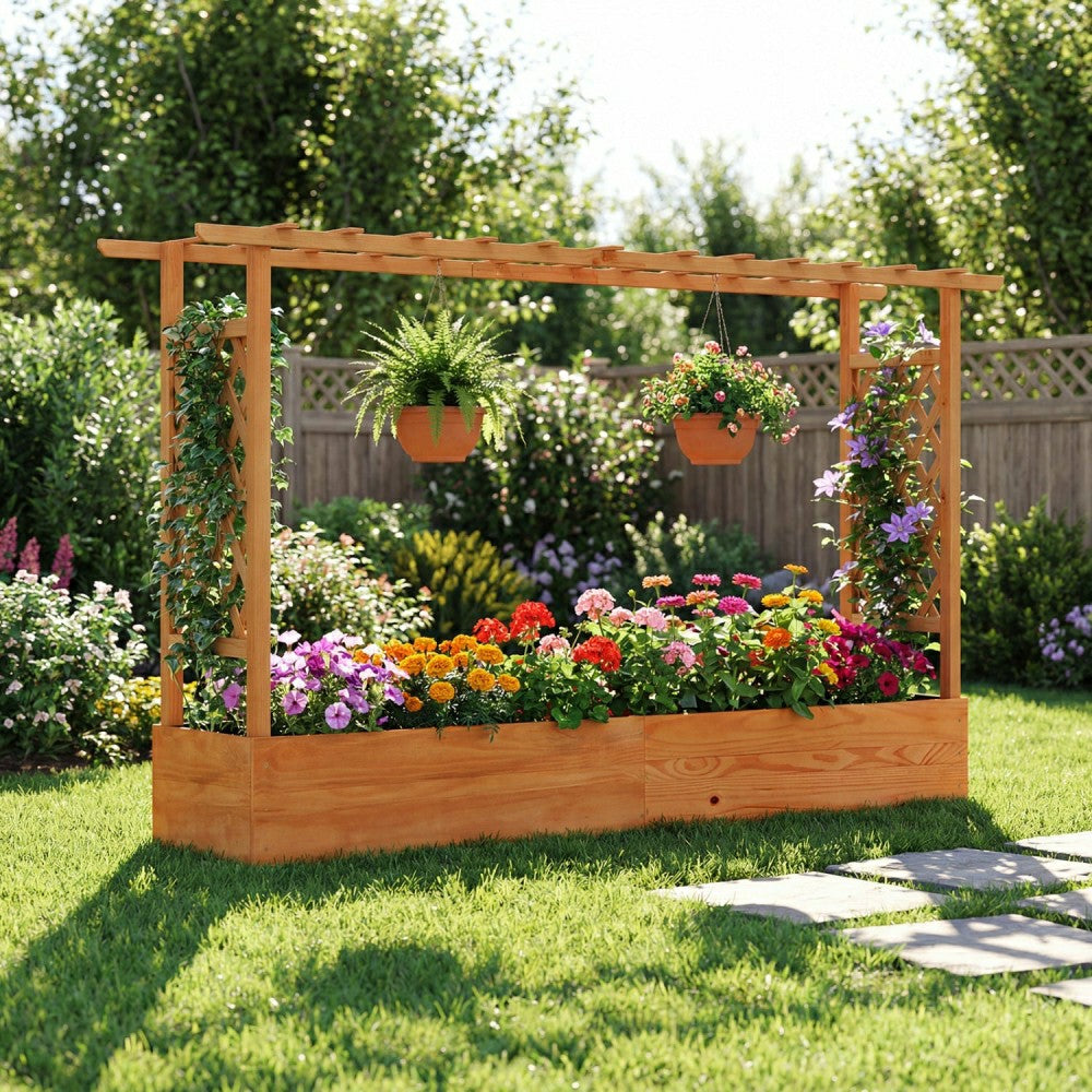 Plow & Hearth Raised Garden Bed Planter Box with Lattice Trellis