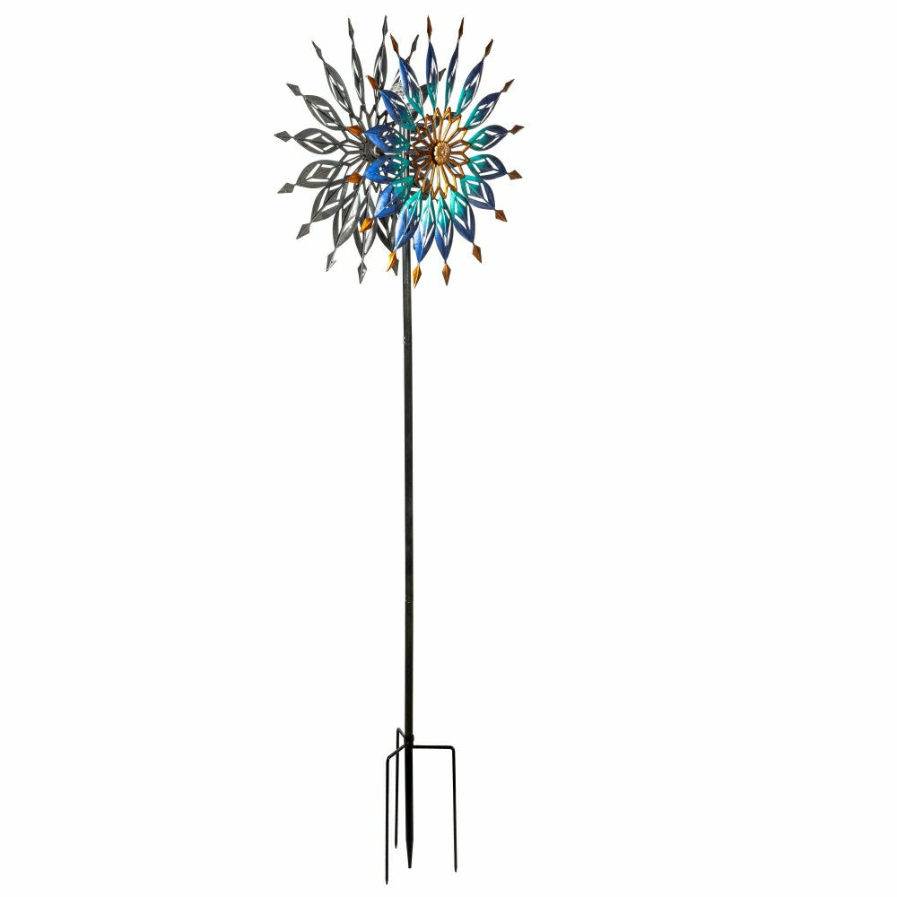 Plow & Hearth Metal Wind Spinner, Blue Butterfly & Flowers, 74"H