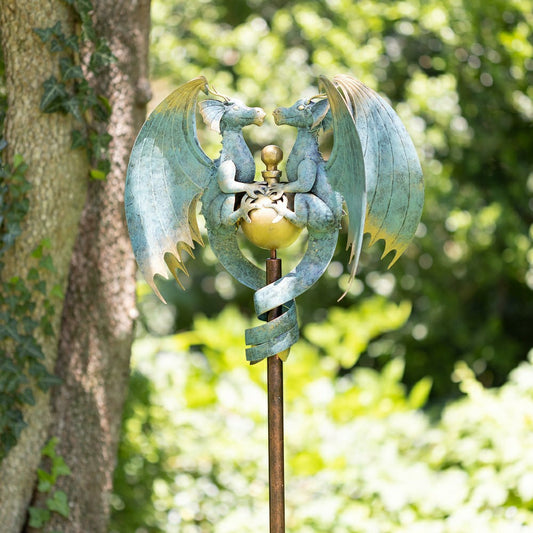 Plow & Hearth 56" Antique Blue Dual Dragon Metal Yard Spinner