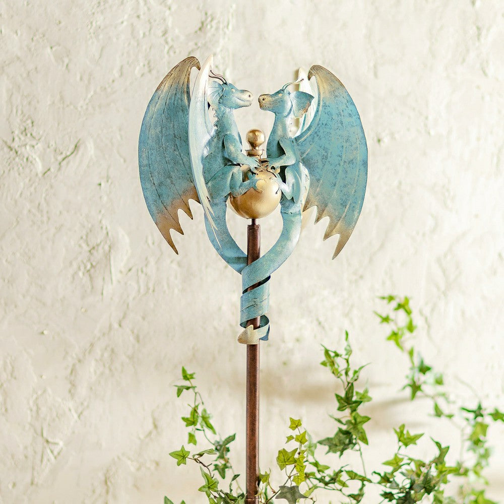 Plow & Hearth 56" Antique Blue Dual Dragon Metal Yard Spinner