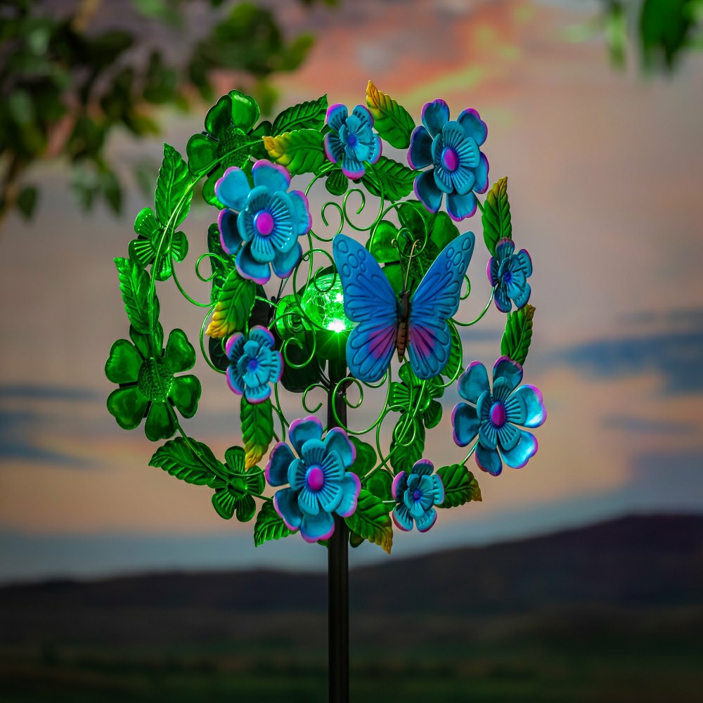 Plow & Hearth Solar Metal Wind Spinner, Blueflower & Butterfly, 74"H