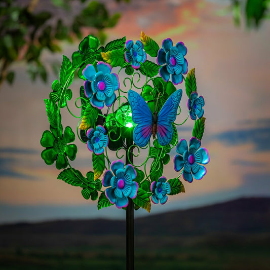 Plow & Hearth Solar Metal Wind Spinner, Blueflower & Butterfly, 74"H