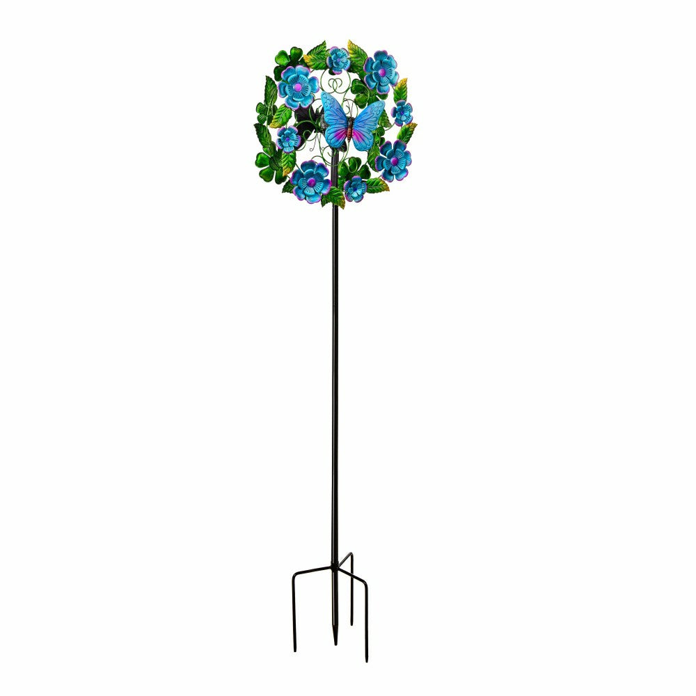 Plow & Hearth Solar Metal Wind Spinner, Blueflower & Butterfly, 74"H