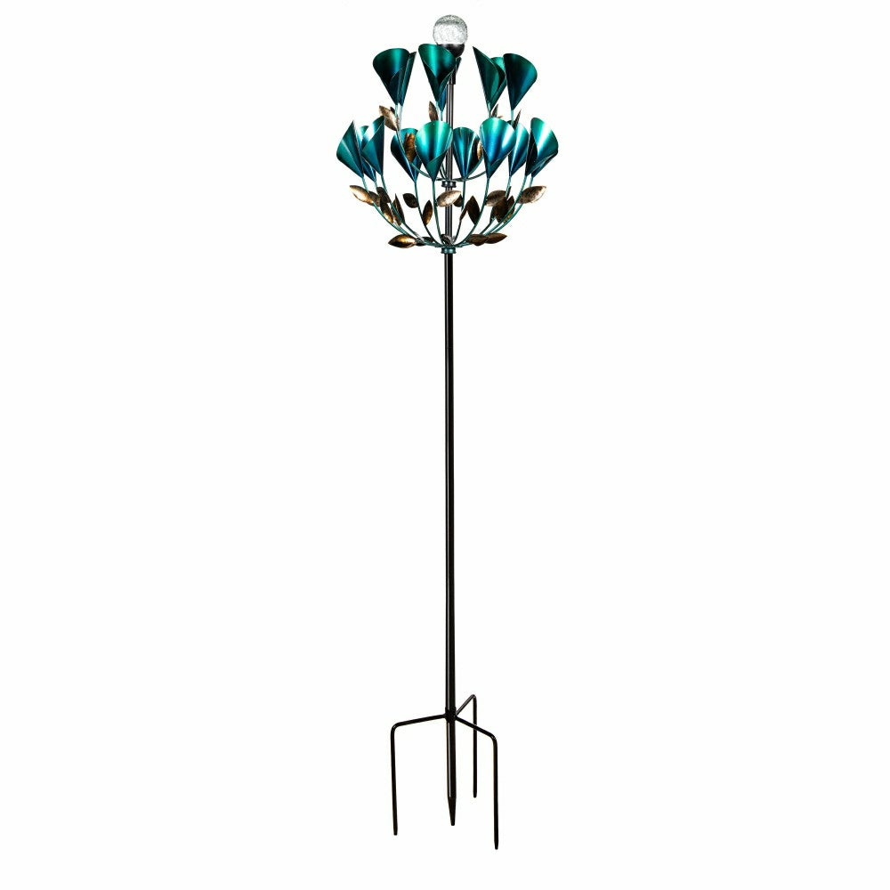 Plow & Hearth Solar Metal Wind Spinner, Blue Butterfly & Flowers, 74"H