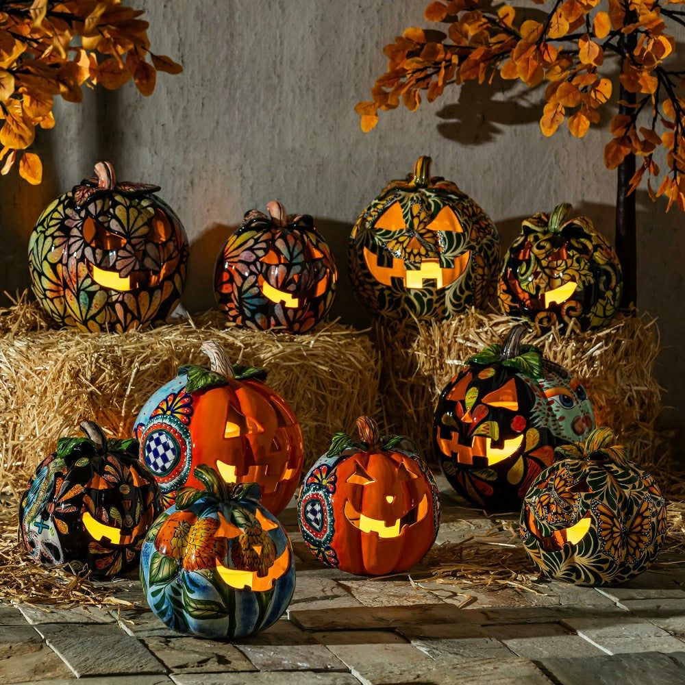 Plow & Hearth Floral Burst Ceramic Talavera Pumpkin, Small