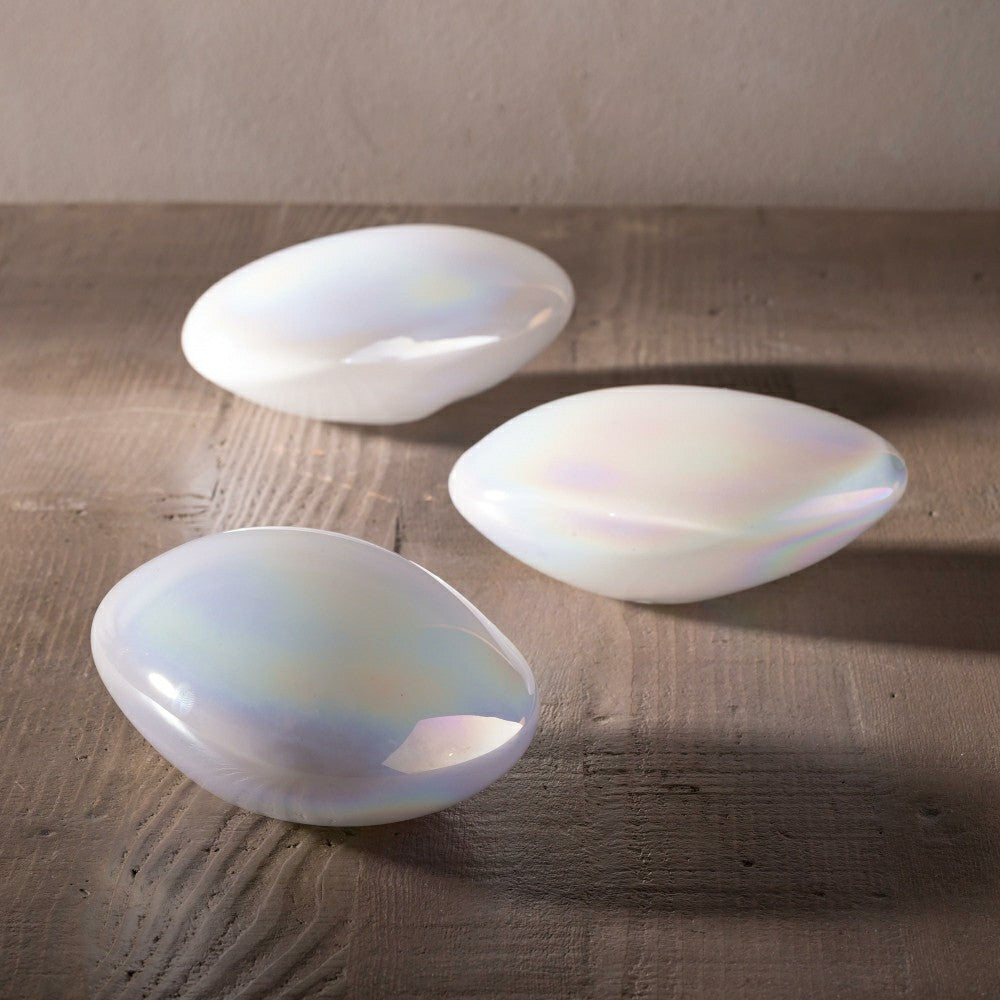 Plow & Hearth Organic Shaped Iridescent Glass Stones, Set of 3, White
