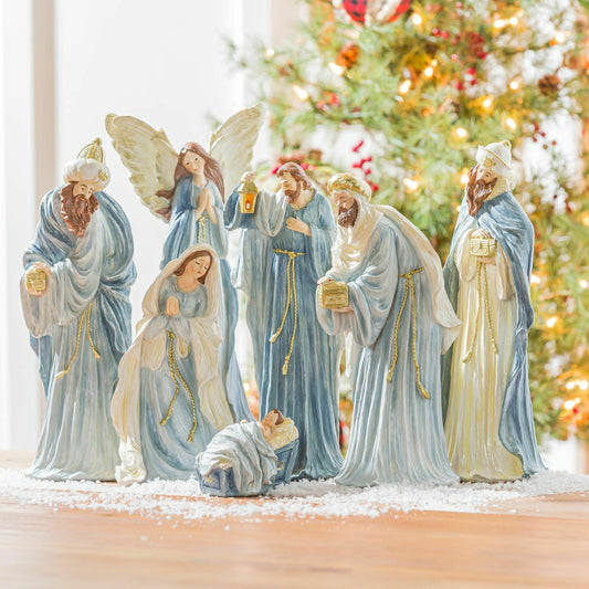 Plow & Hearth Blue Nativity Scene, Set of 7